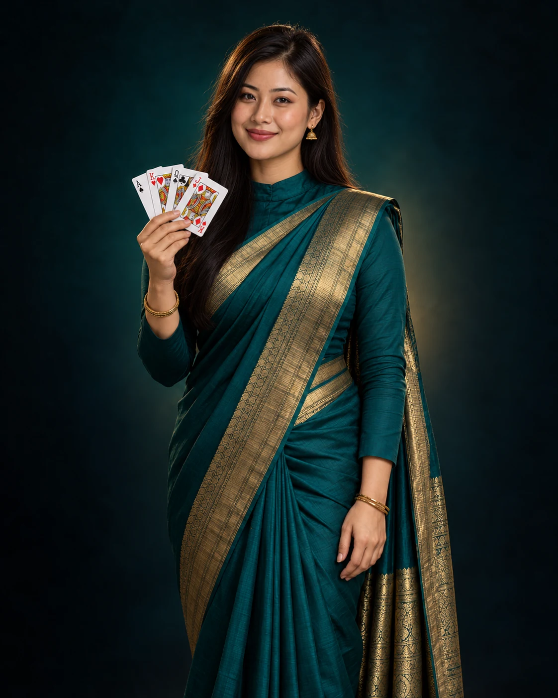 Woman in a petrol teal and gold sari, standing with a fan of playing cards